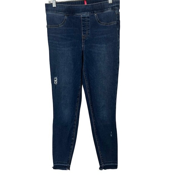 Spanx Dark Wash Distressed Tummy Control Pull On Skinny Jeans Jeggings‎ Womens M - Picture 1 of 5